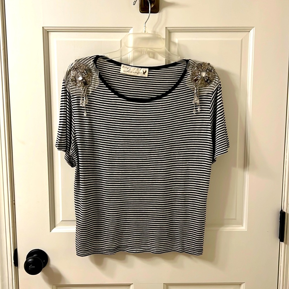 Vintage Havana Large black and white striped shirt with jeweled shoulders